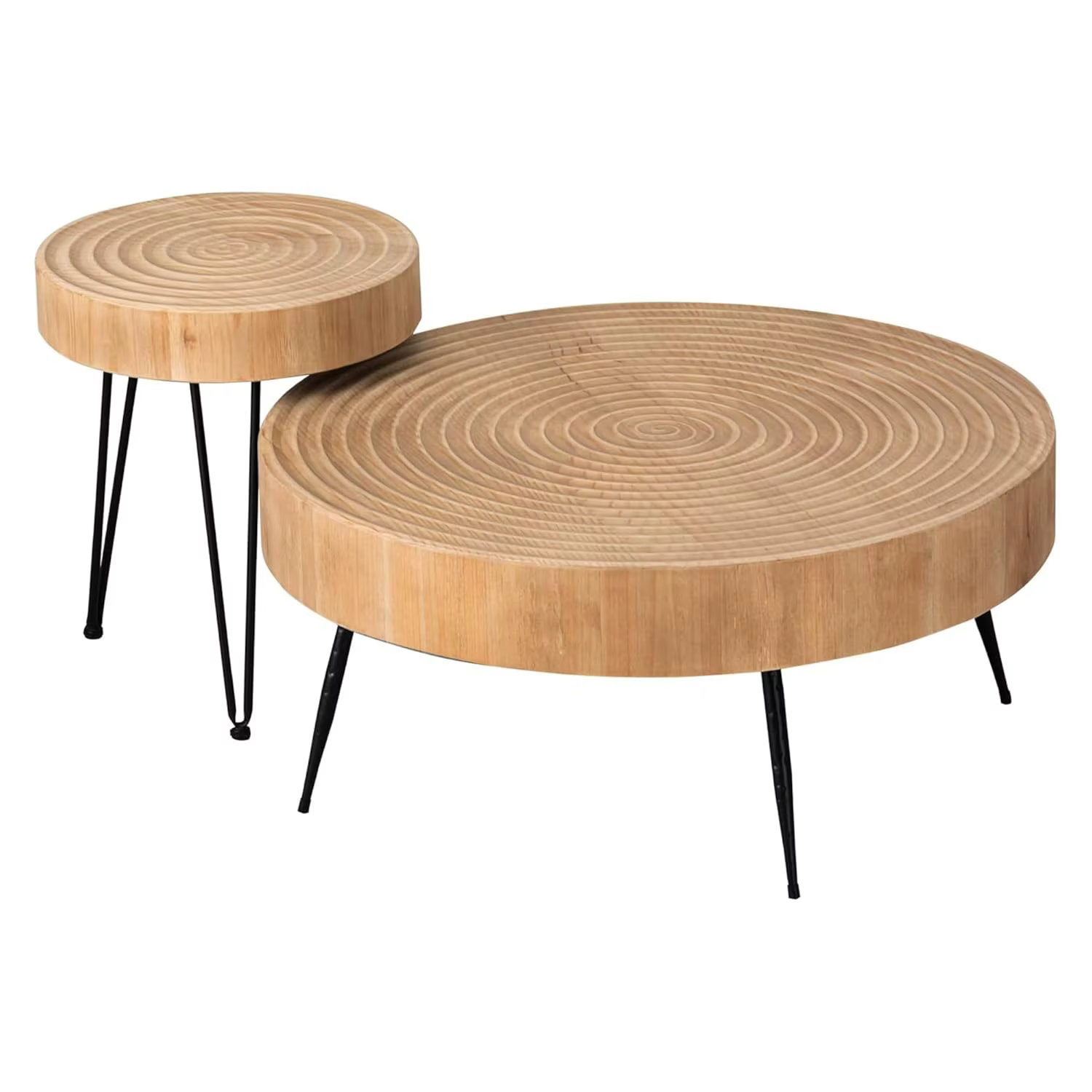 Ensemble de 2 tables basses rondes imbriquées, plateau en bois naturel avec pieds en métal noir, mot