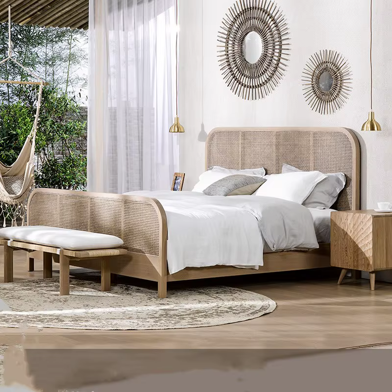 Cadre de lit minimaliste classique en chêne et rotin, mobilier de chambre surdimensionné pour suites