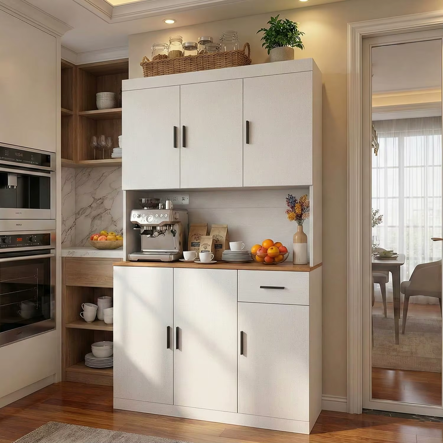Armoire de cuisine blanche de 71 pouces avec prise de courant, organisateur de rangement de cuisine 