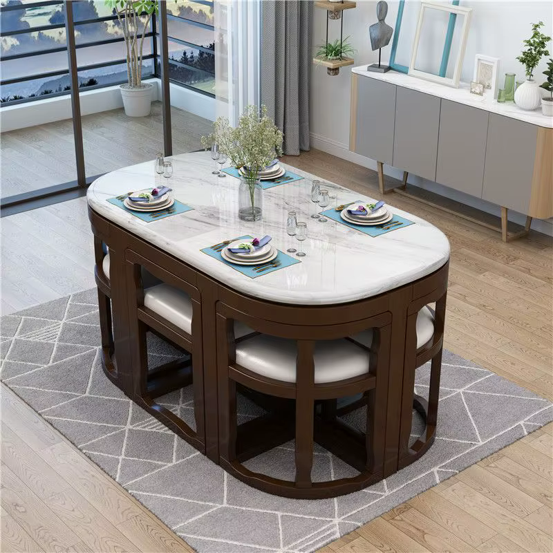 Ensemble de table à manger moderne avec plateau en marbre carré, complet, avec 4 ou 6 chaises, pour 