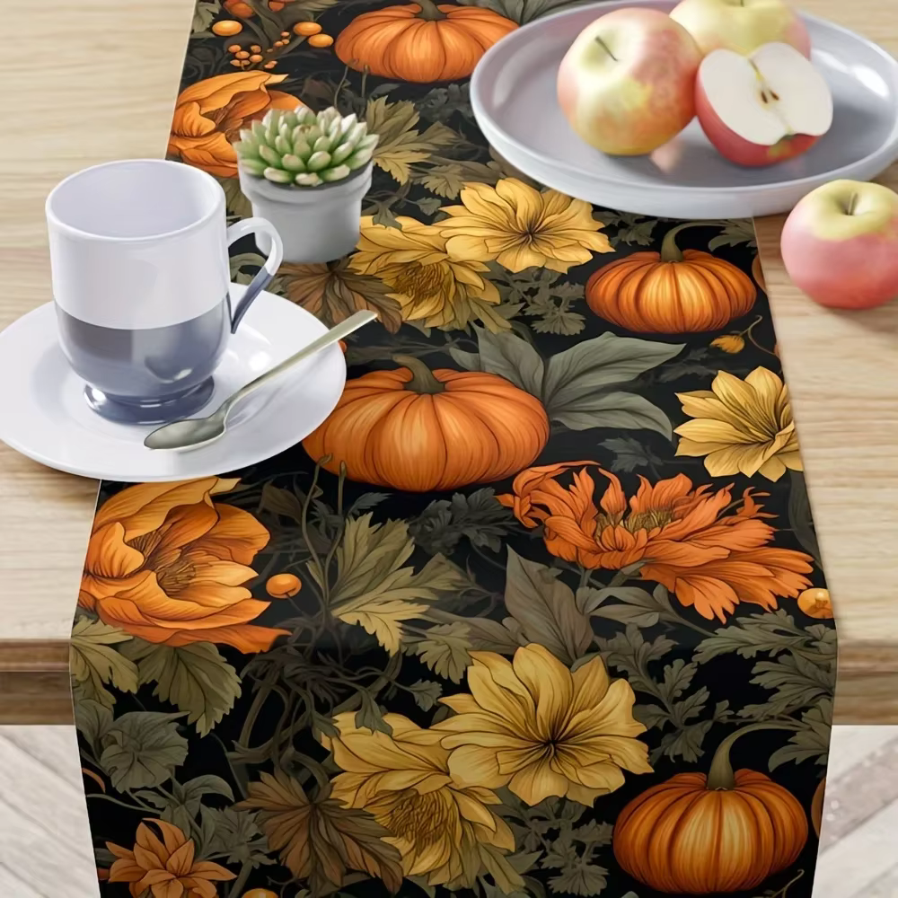 1 pièce Chemin de table style récolte d'automne, noir et orange, à motifs citrouille et floraux, pou