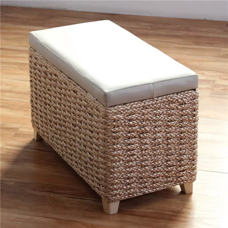 Banc ottoman en bois massif rembourré, tissage en rotin, pour couloir, entrée, avec organisateur sou