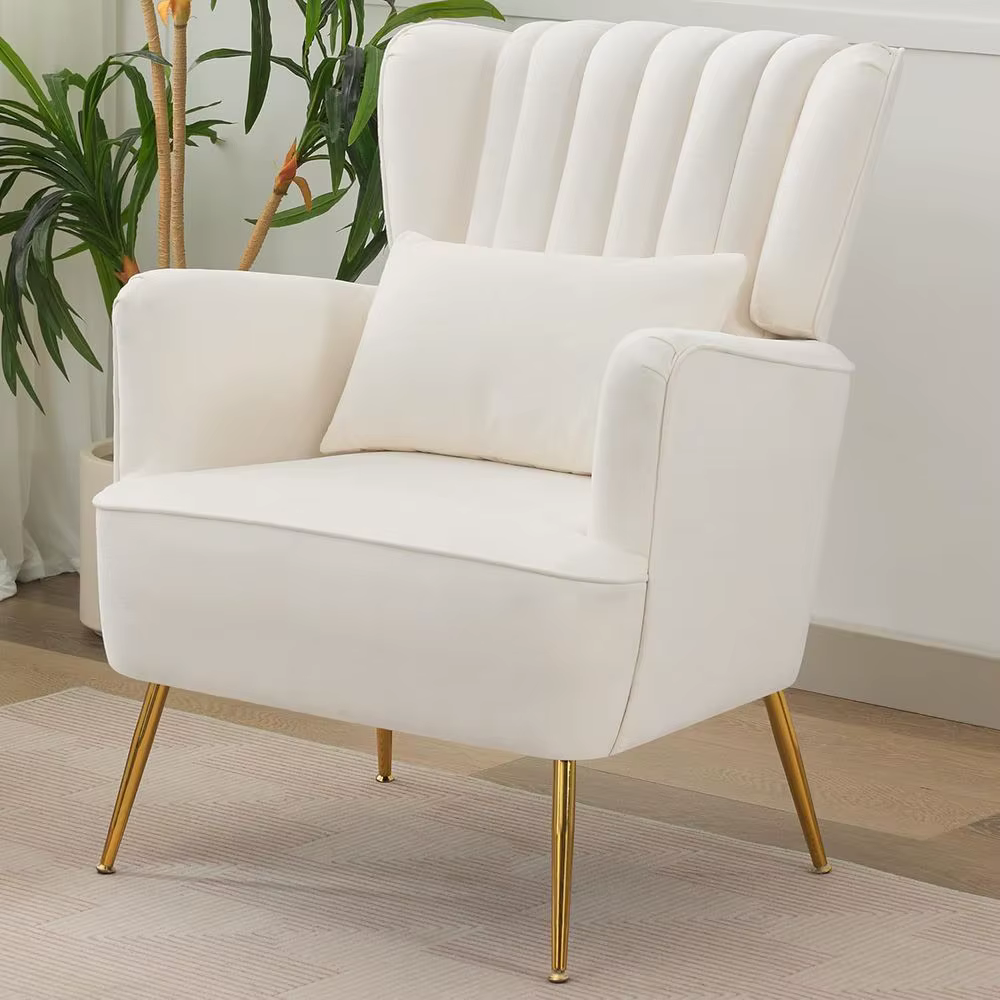 Fauteuil à oreilles blanc moderne du milieu du siècle, avec oreiller et pieds dorés, coussin de 8.5