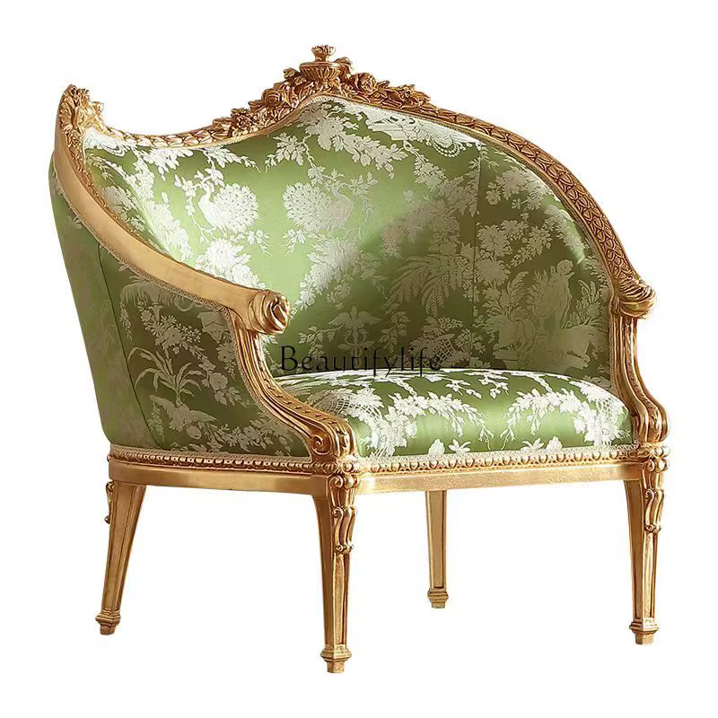 * Canapé français rétro en bois massif sculpté de fleurs, chaise de loisirs en tissu pour villa euro