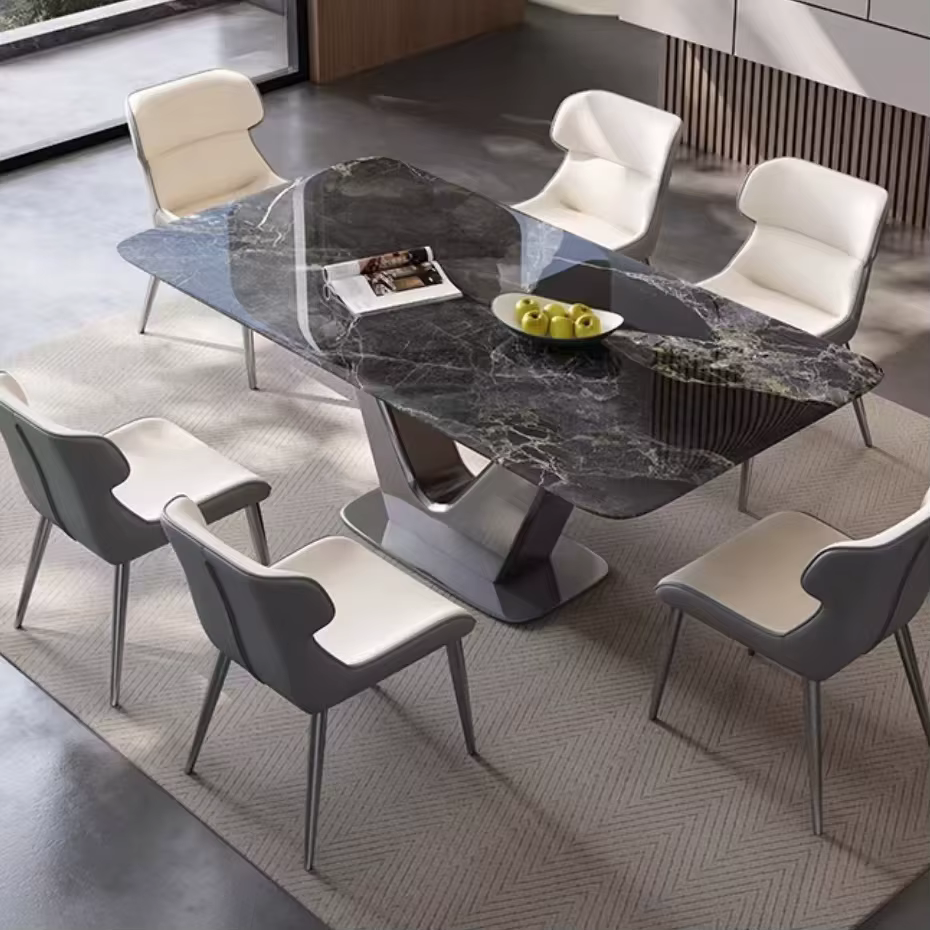 Ensemble de Table à manger en marbre de luxe italien, 6 chaises modernes en acier de luxe pour Resta