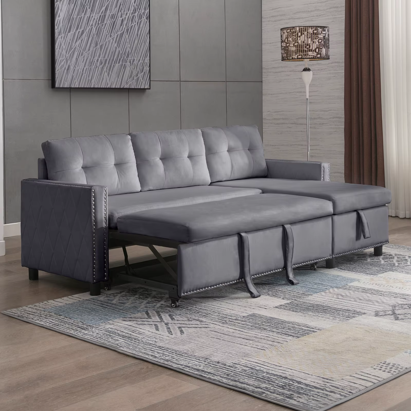 HORGgland-Canapé convertible en forme de L avec chaise de rangement, canapé-lit en velours, canapé-l