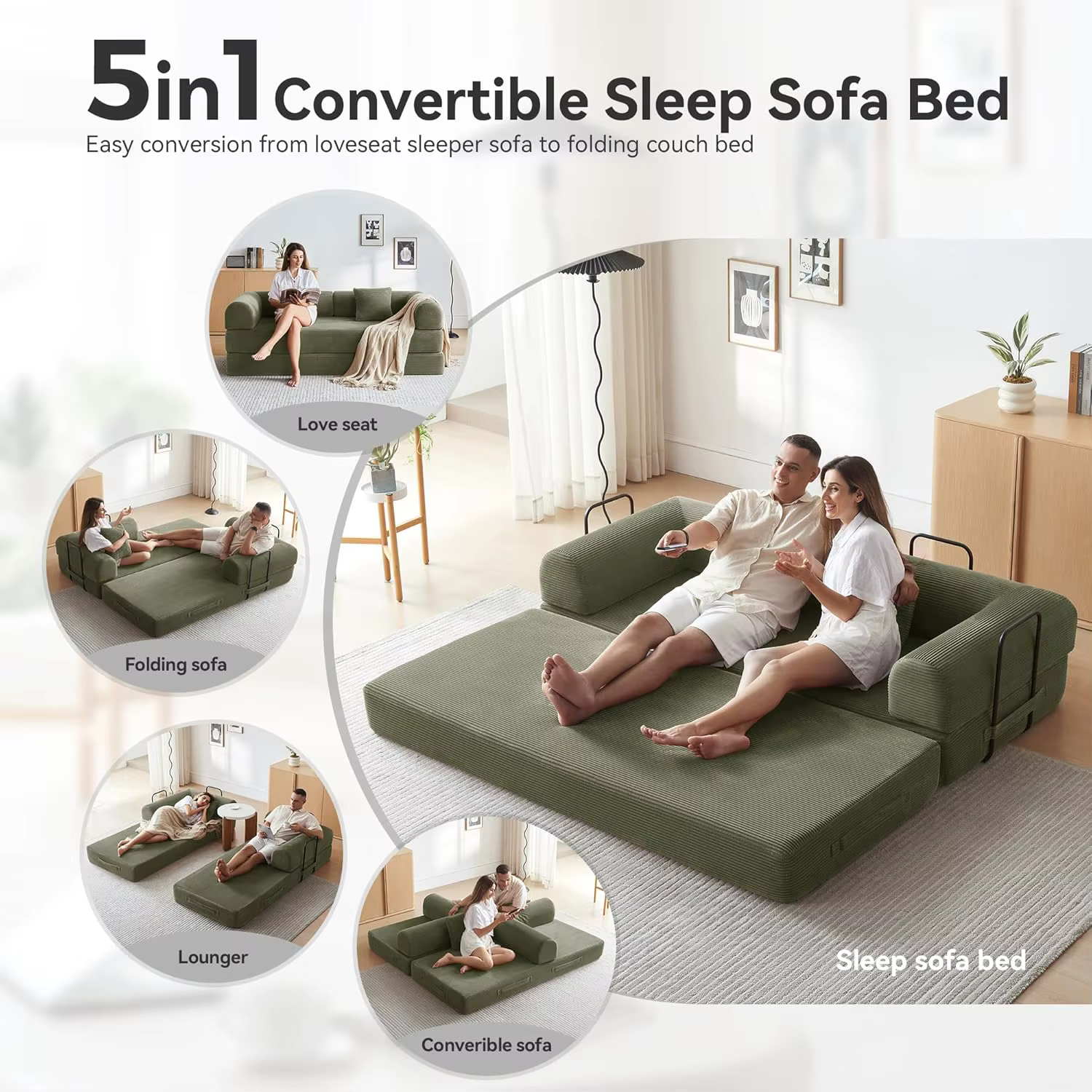 Canapé-lit, canapé convertible confortable, canapé-futon en tissu corduroy avec 2 oreillers, amovibl