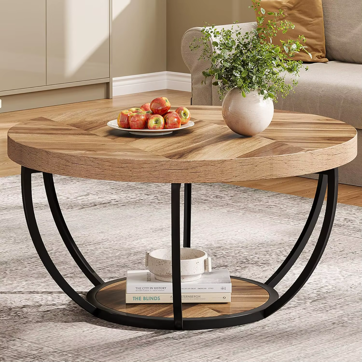 Tables basses circulaires en marbre de 32 pouces, Table centrale d'appoint avec pieds en métal doré 