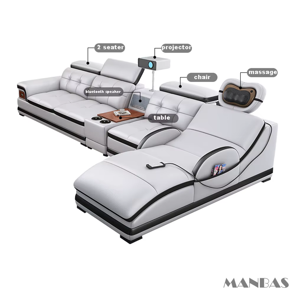 Canapé en cuir réglable avec repose-tête, chaise longue, console, massage, haut-parleur, projecteur,