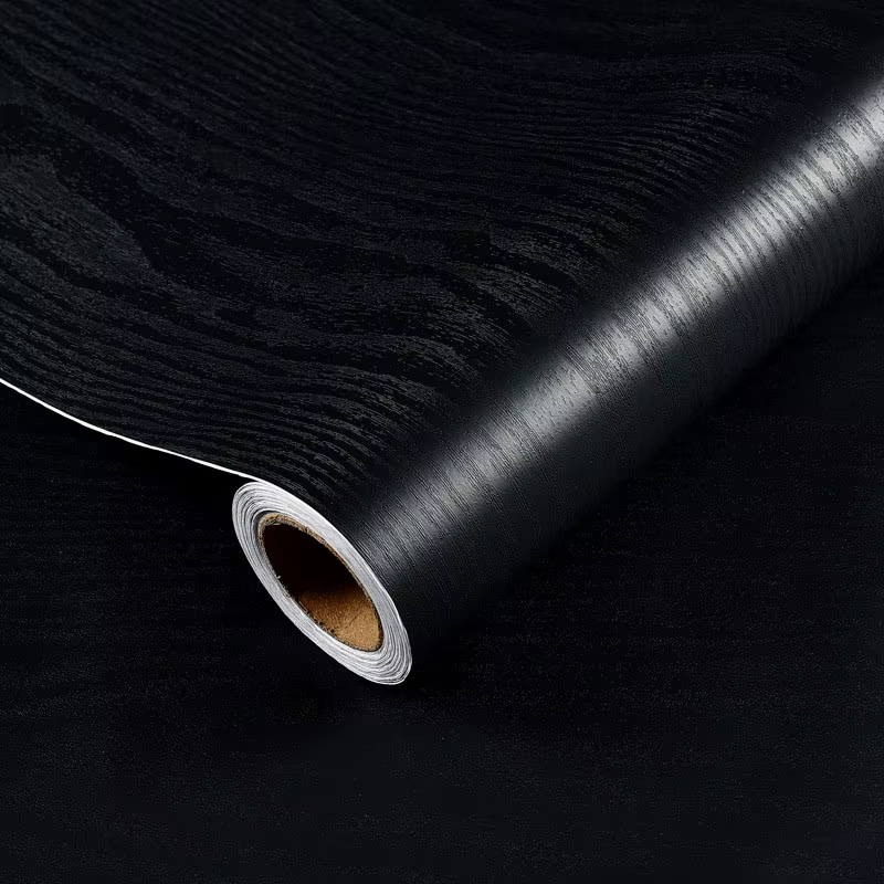 Papier décoratif pour meubles en PVC de 45 cm, grain de bois noir, auto-adhésif, imperméable, papier