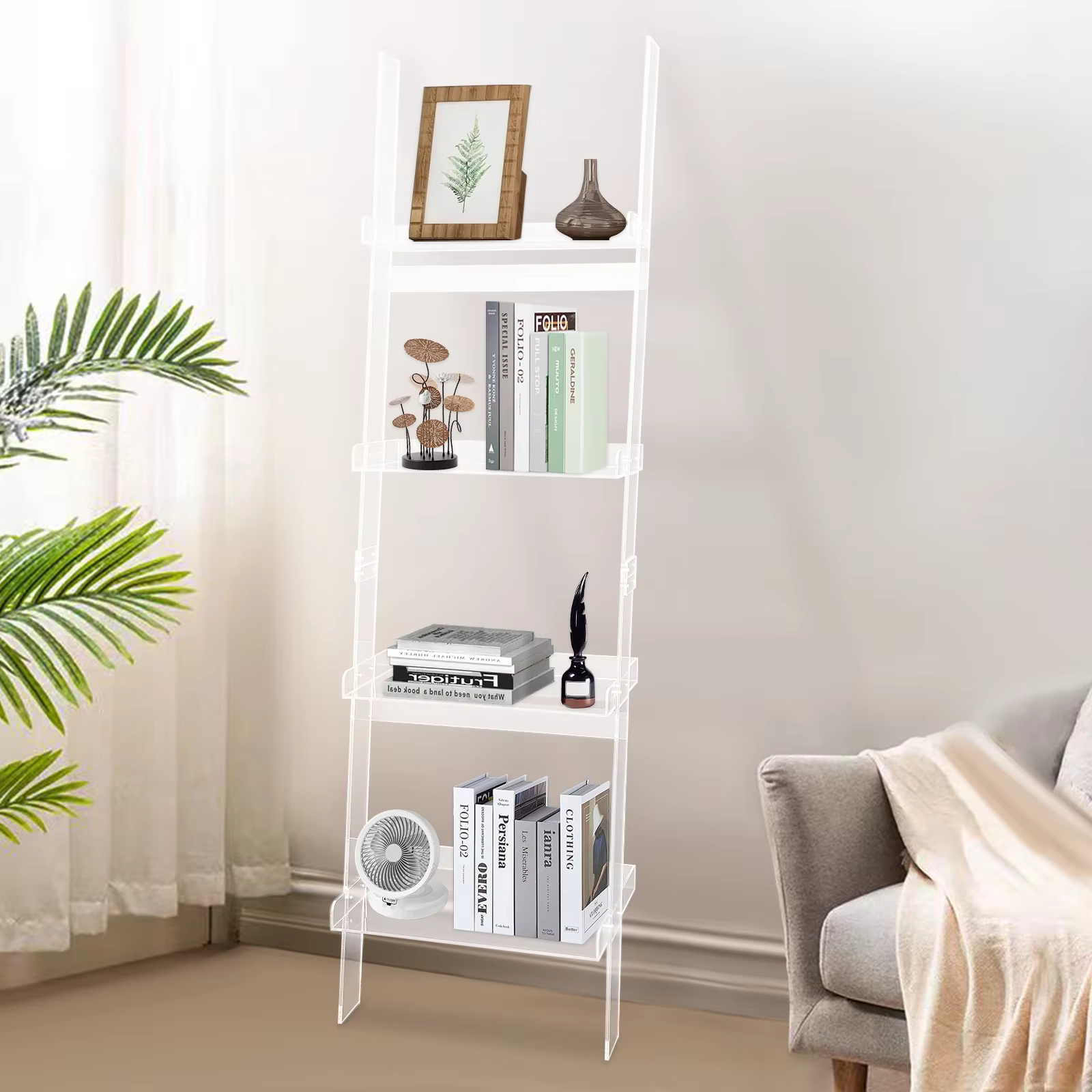 Home Bibliothèque échelle à 4 niveaux – Bibliothèque autoportante en acrylique, cadre 52 cm*183 cm