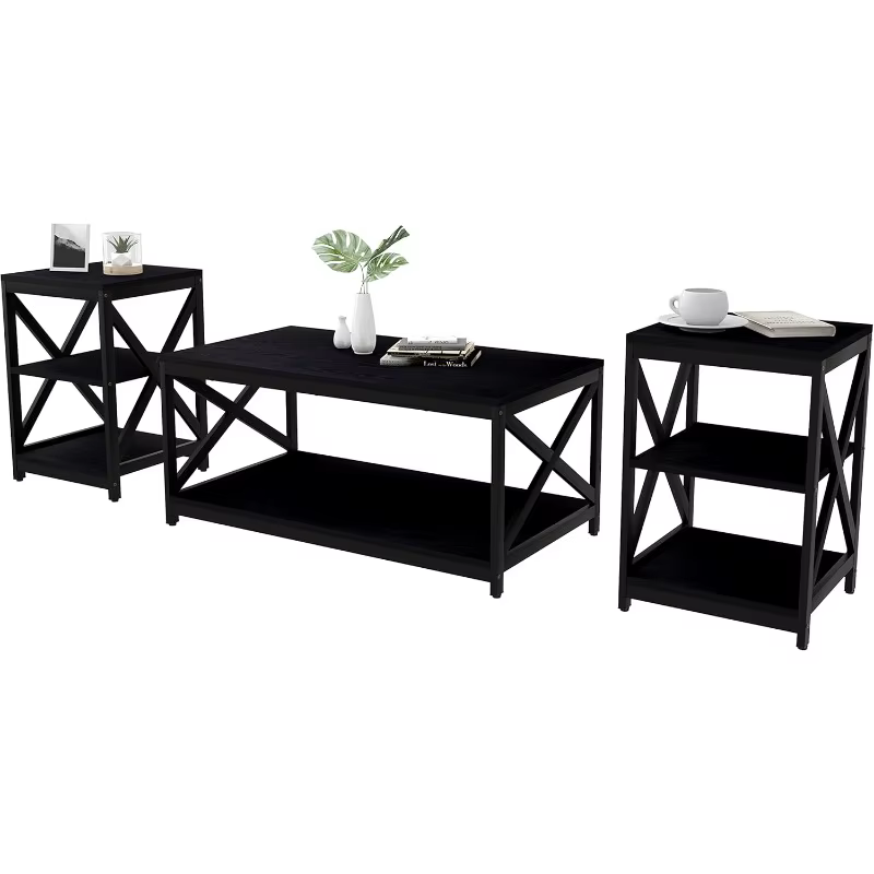 Ensemble de 3 tables basses de salon, table basse industrielle au design X et 2 tables d'appoint, ta