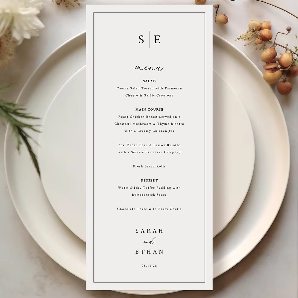 Carte de menu de table de fête de mariage personnalisable avec les noms des jeunes mariés, modèle de