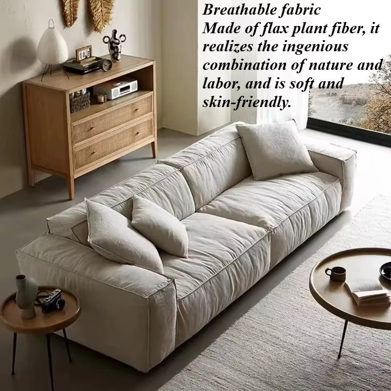 Canapé droit en lin, style bloc de tofu, amovible et lavable, pour salon, avec assise large et profo