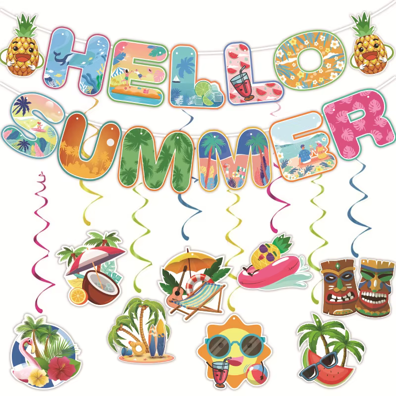 Décorations de fête d'été, bannières colorées sur le thème de la plage et de la piscine, décorations