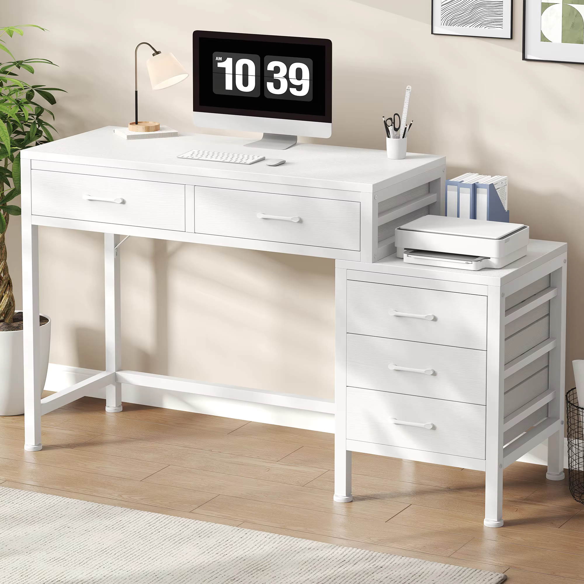 Bureau d'ordinateur JHK 51IN avec 5 tiroirs, petit bureau de bureau, table d'ordinateur avec support
