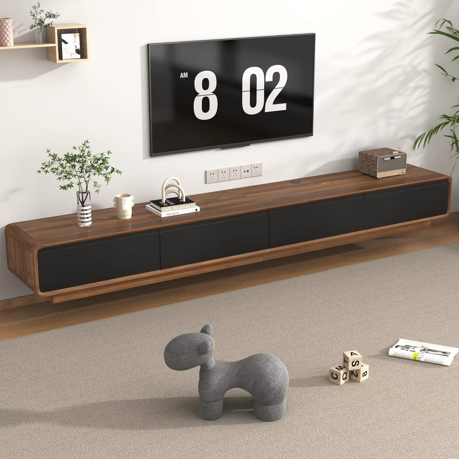 Meuble TV flottant 94,5 pouces, console multimédia avec 2 tiroirs, fixation murale, pour salon, en n