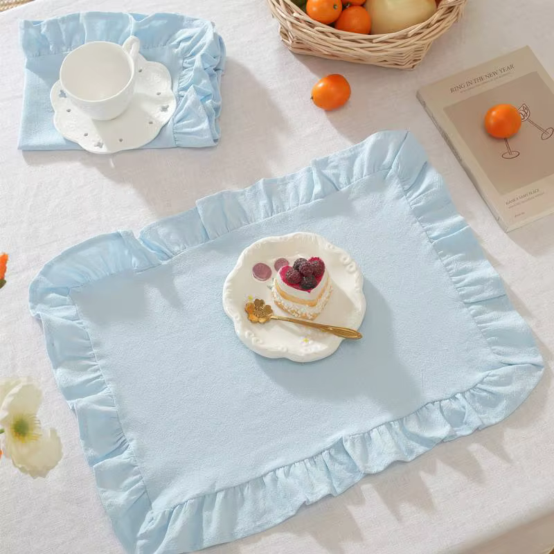 Ensemble de sets de table à volants rayés rose et bleu, décoration de table mignonne pour cuisine, s