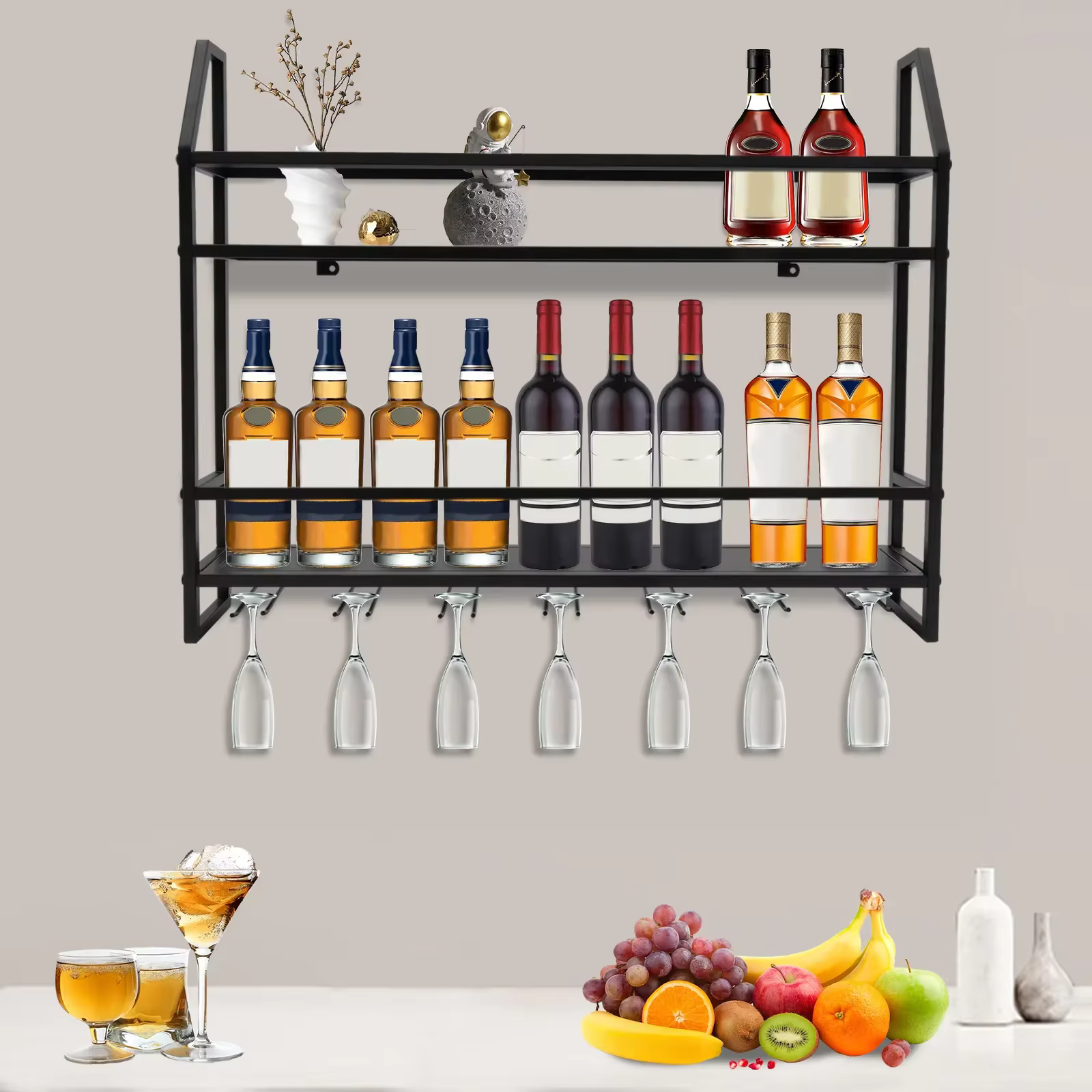 Étagère à vin de Bar, porte-bouteille mural, 20 bouteilles et 7 gobelets, haute qualité