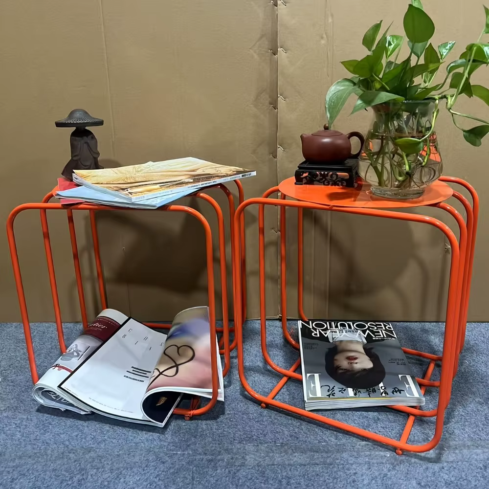 Table basse Vintage en métal Orange, 2 étagères, aucun assemblage requis, cadre robuste pour décorat