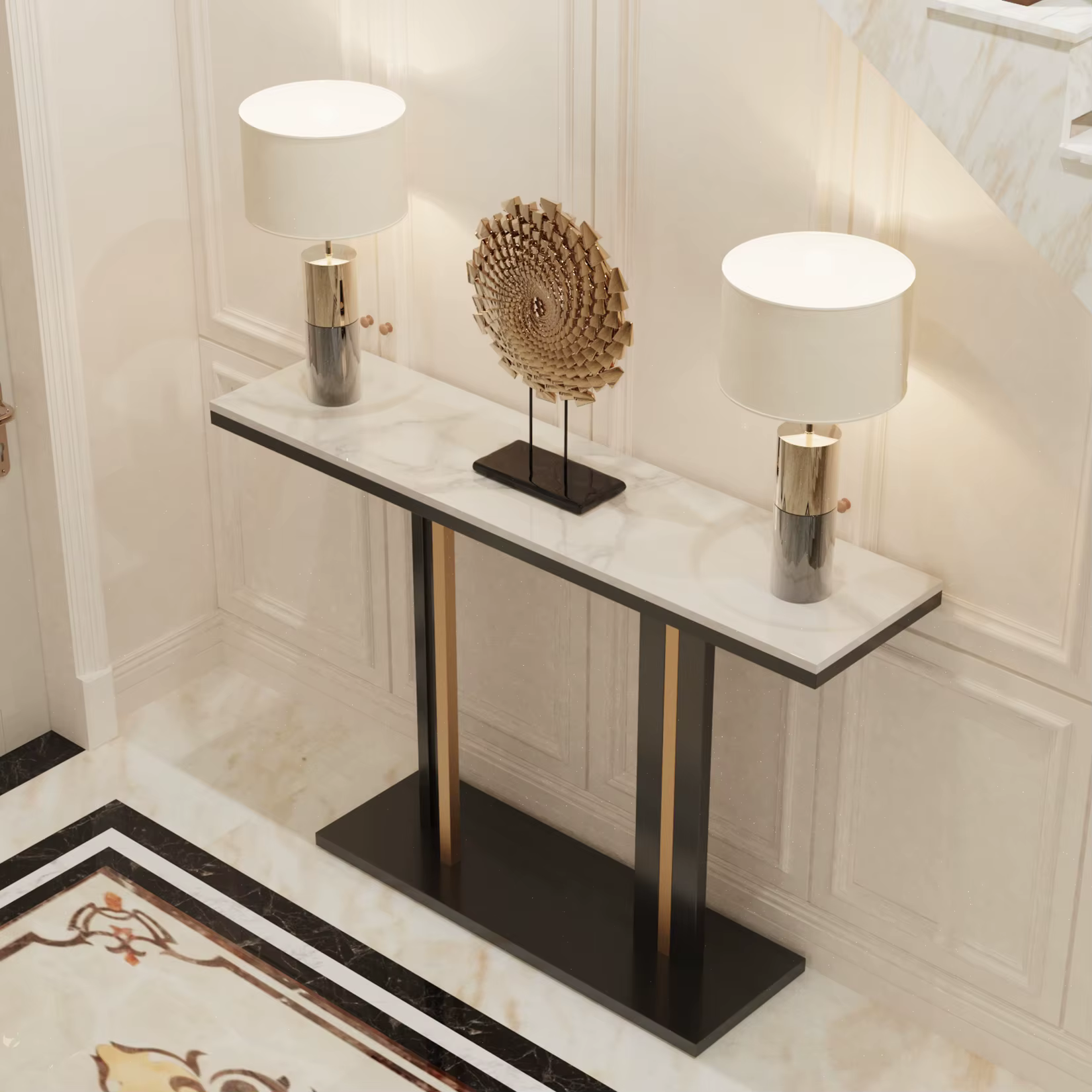 Table console en marbre Bergame délicate, salon, chambre à coucher, canapé long étroit, présentoir d