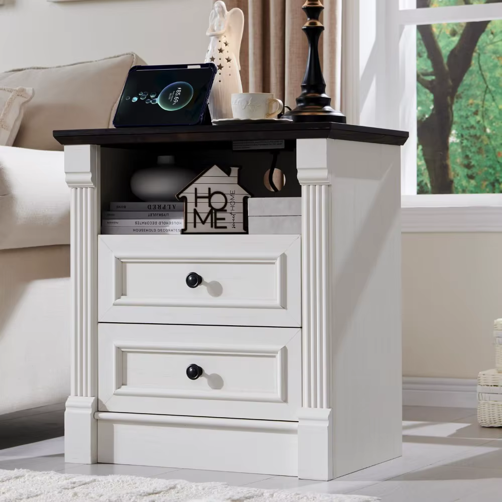 Commode à 2 tiroirs de 26 po de hauteur pour chambre à coucher, grande table de chevet de style farm