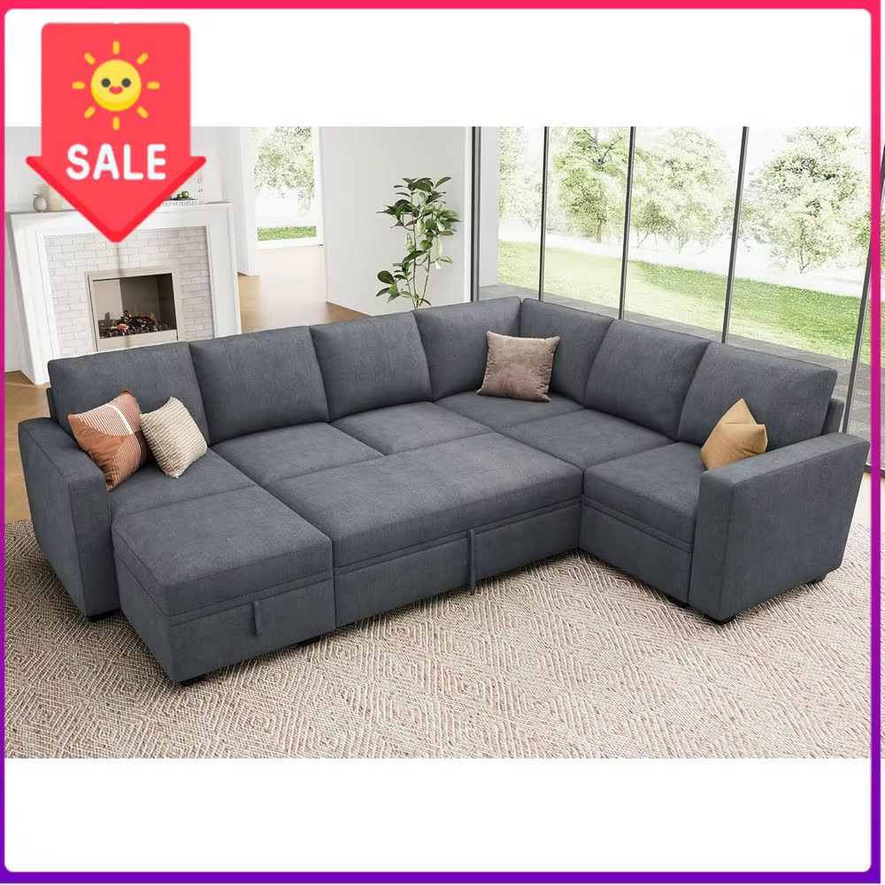 Bestseller - Canapé-lit en chenille gris avec ottoman de rangement et lit escamotable pour salon