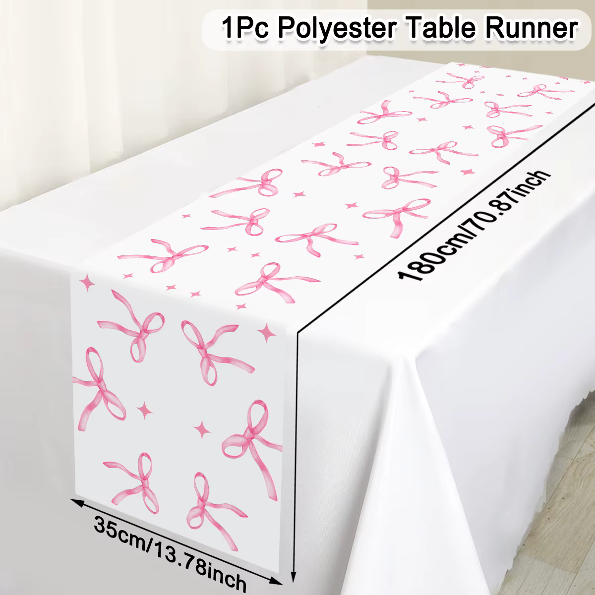 Chemin de table rose avec nœuds 180 cm, chemin de table en polyester imprimé avec nœuds mignons, déc