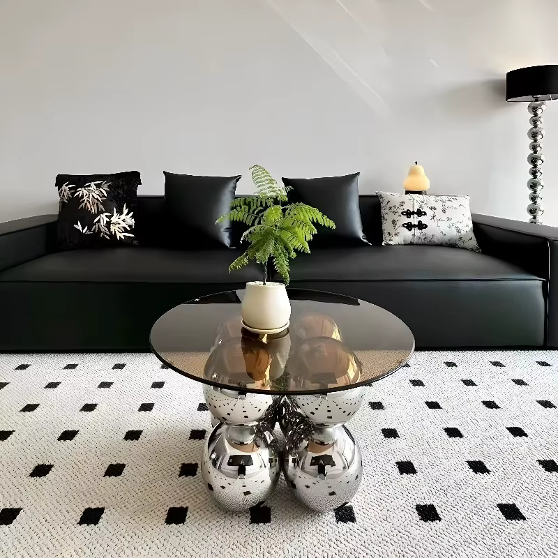 Table basse moderne à plateau en verre avec base sphérique en métal, table centrale ronde de luxe po