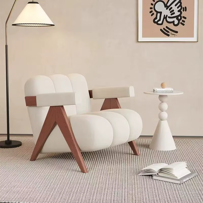 Canapé simple moderne et décontracté, chaise en bois massif crème avec coussin en cuir, siège décont