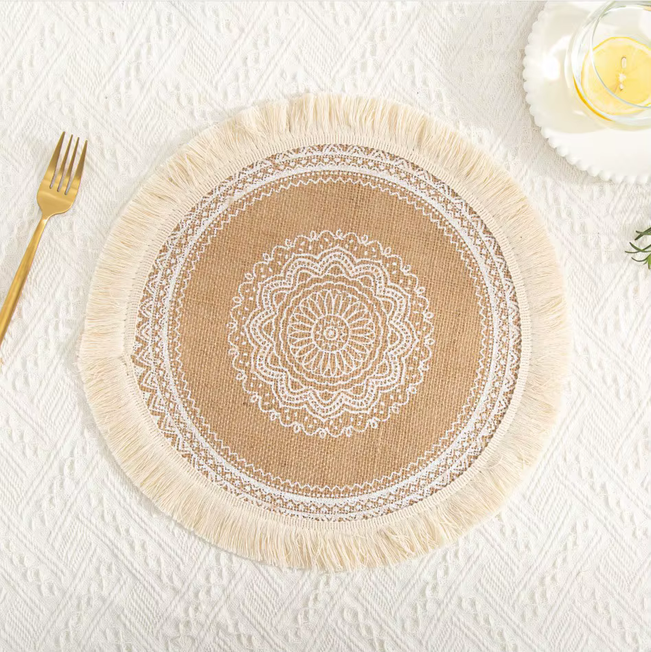 Set de table rond vintage 38 cm/15 pouces, résistant à la chaleur, antidérapant, tressé, avec pompon