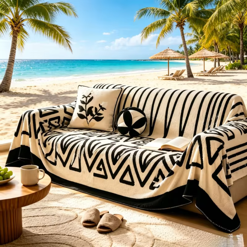 Housse de canapé en sherpa noir et blanc style bohème 180×230 cm, couverture antidérapante douce, pr
