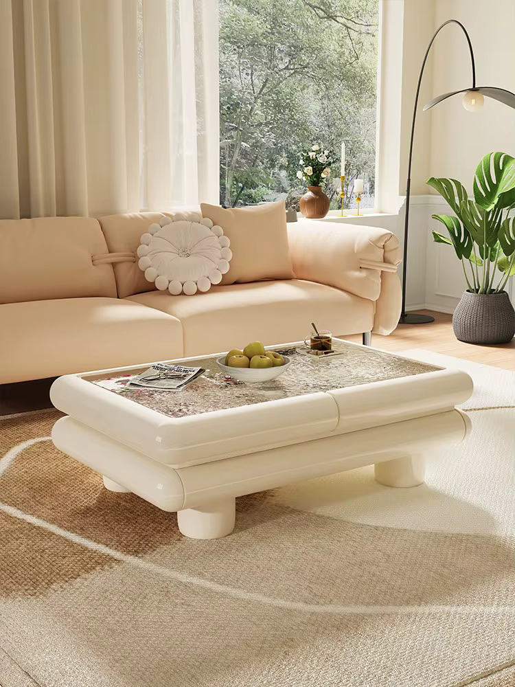 Table basse rectangulaire en verre trempé, rangement rétractable crème créative, Design multifonctio