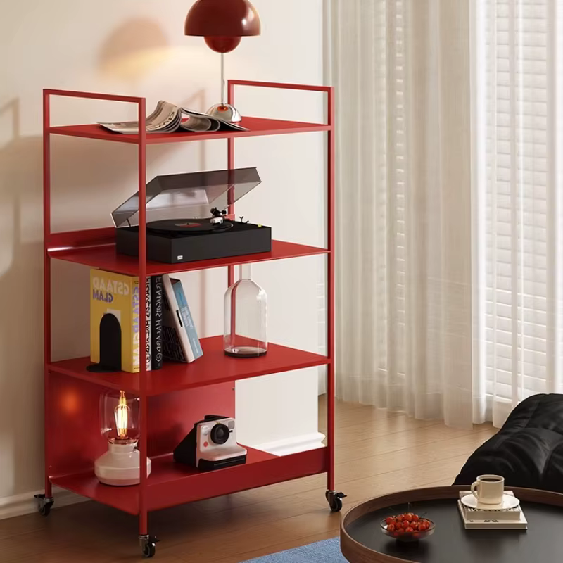 Bibliothèque de sol minimaliste rouge, organisateur de rangement moderne à 4 niveaux pour salon, pré