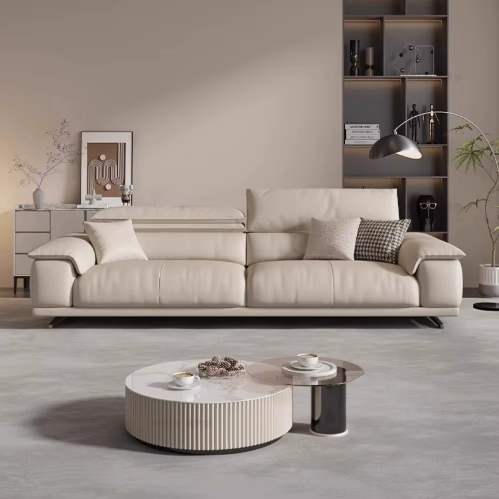 Canapé de salon italien en cuir véritable, canapé de luxe design minimaliste, mobilier familial mode