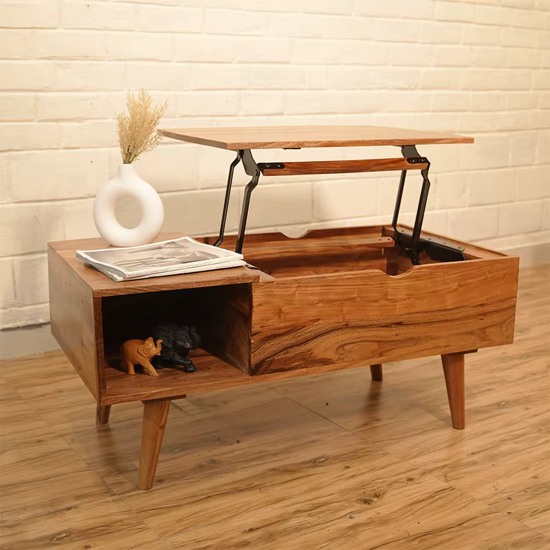Table basse moderne réglable en Acacia faite à la main, étagère ouverte, rangement caché, meubles de