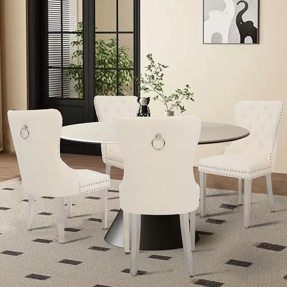 Ensemble de 4 chaises de salle à manger en velours, chaise de salle à manger capitonnée avec anneau 