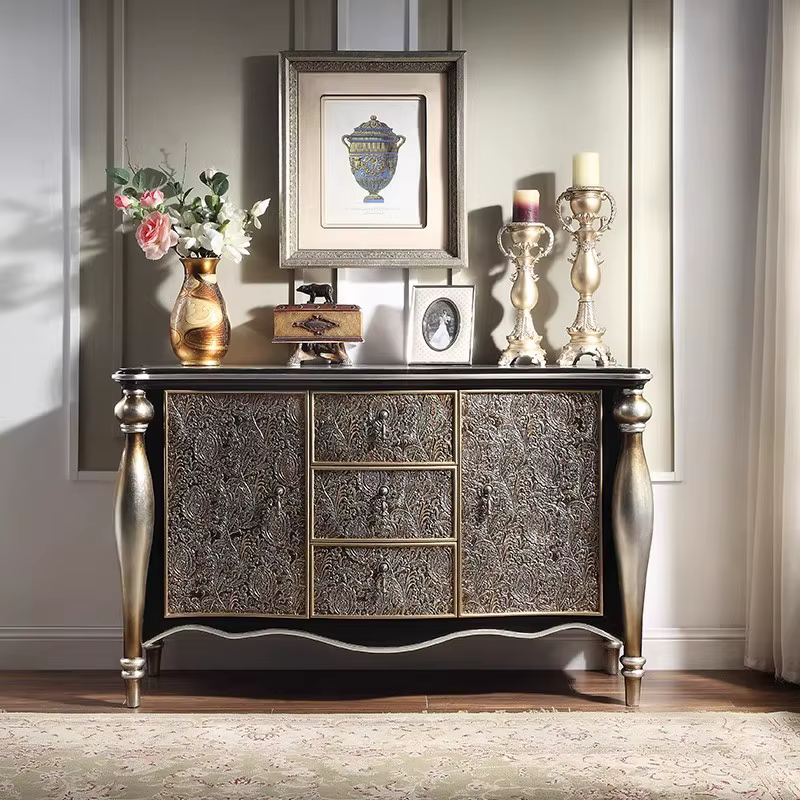 Armoire de salon de luxe française avec armoire à manger en bois massif sculpté doré, salle à manger