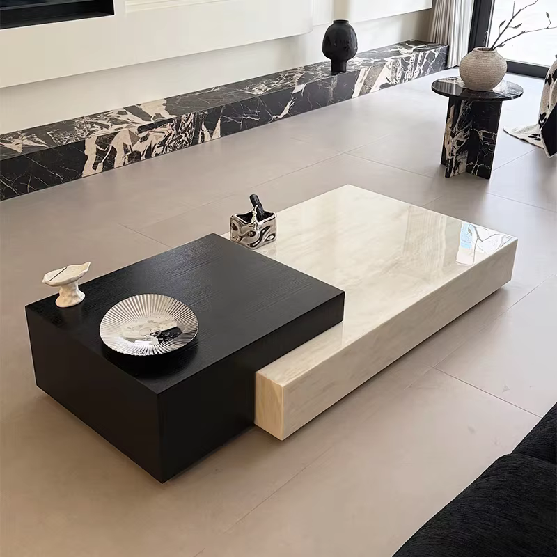 Table basse rectangulaire de luxe en marbre nordique 135 cm – Design vintage noir glamour unique – A