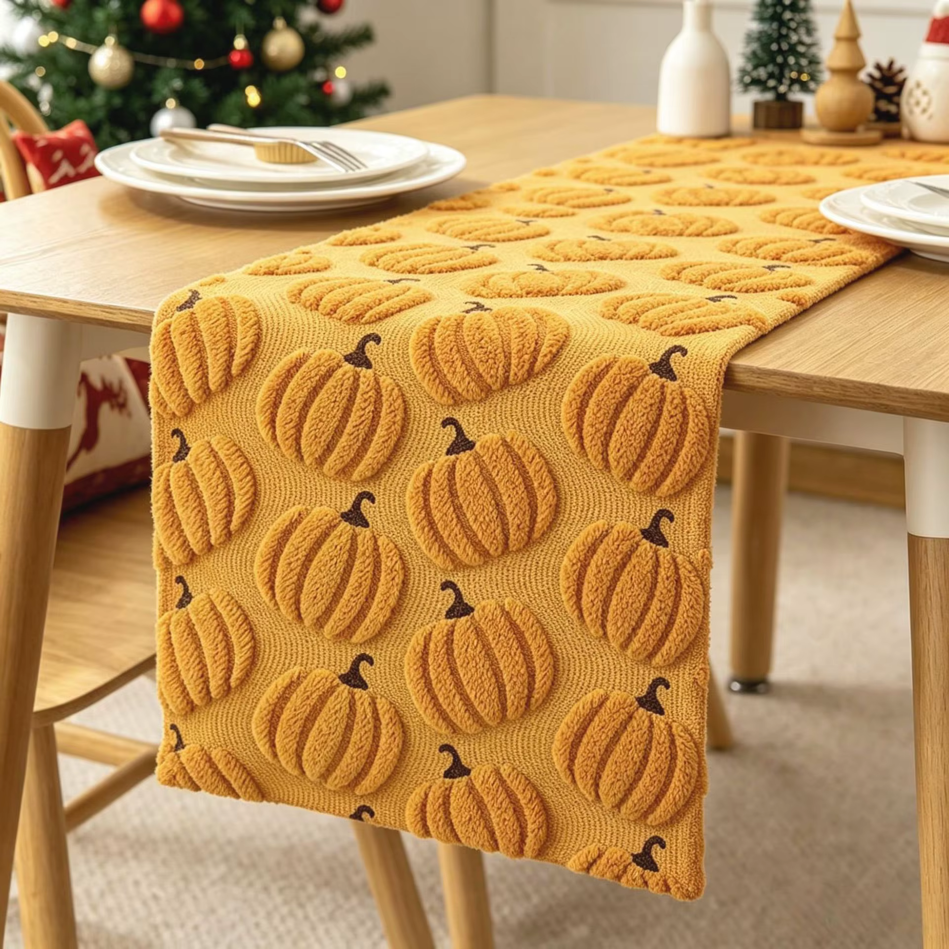 Chemin de table d'automne pour Thanksgiving, ensemble de décoration brodée 3D avec citrouilles, styl