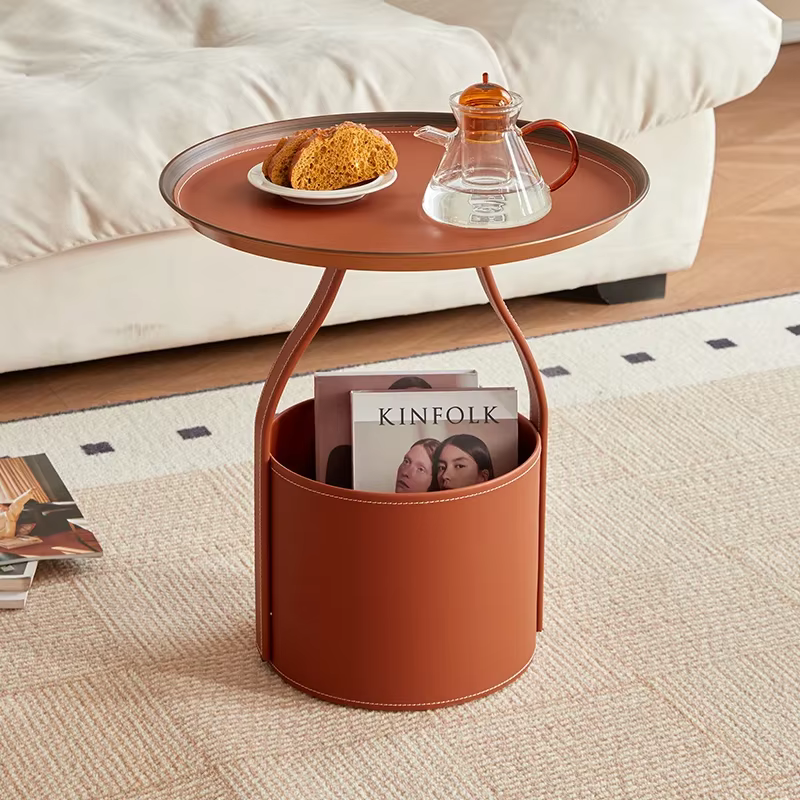 Table d'angle minimaliste, table basse ronde en cuir de luxe créative, table d'appoint, table d'ordi