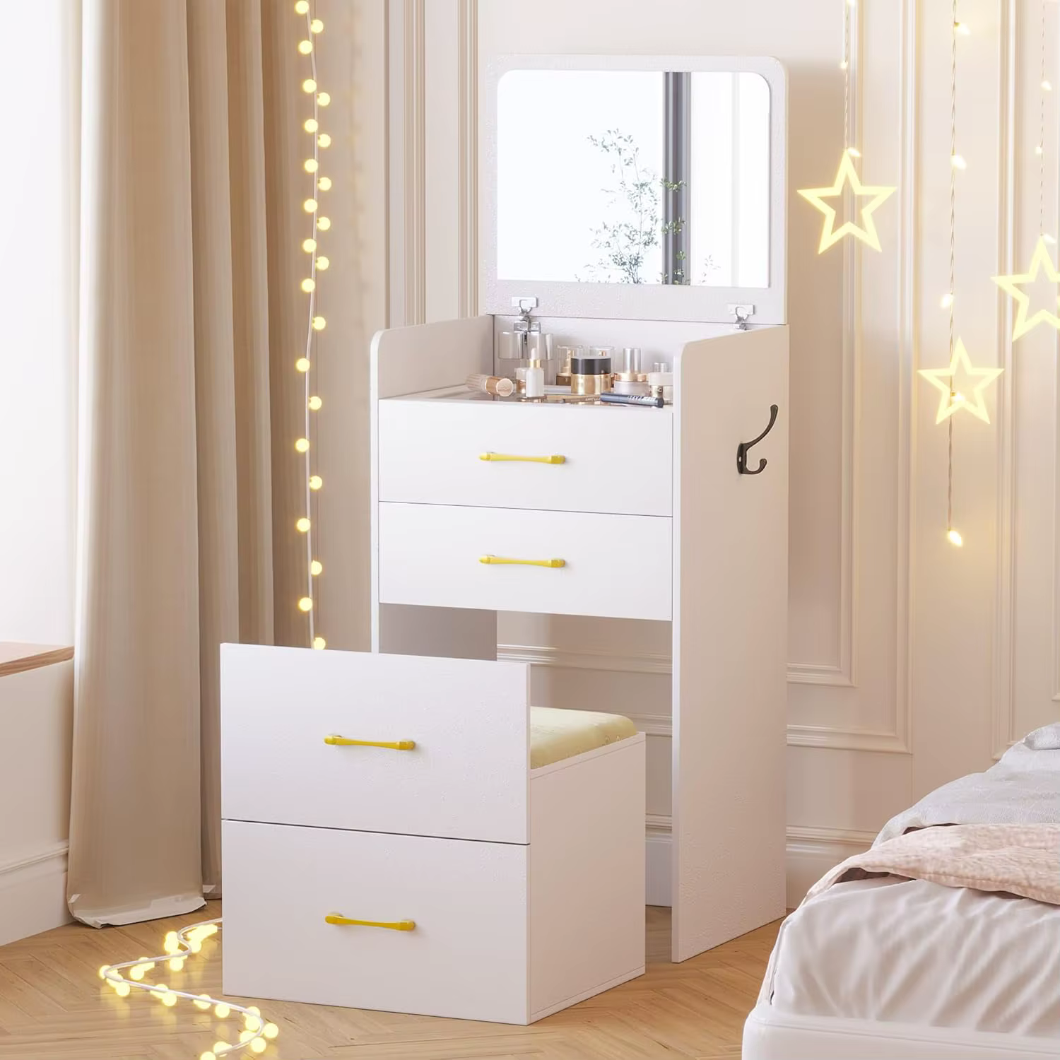 Coiffeuse 3 en 1 avec miroir rabattable pour chambre à coucher, petite coiffeuse compacte avec plate