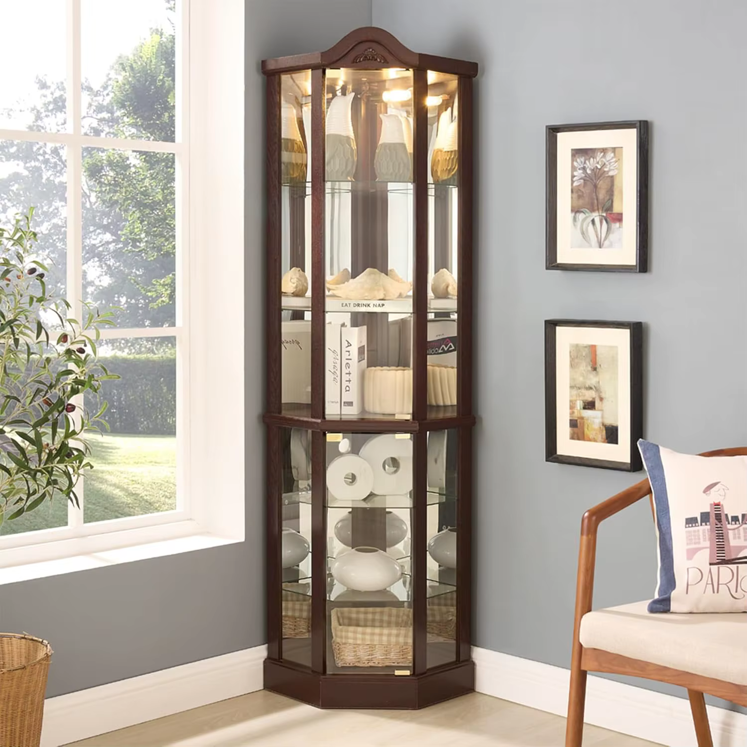 Vitrine d'angle de 71,93'' de hauteur avec éclairage pour salon, vitrine d'angle avec portes en verr