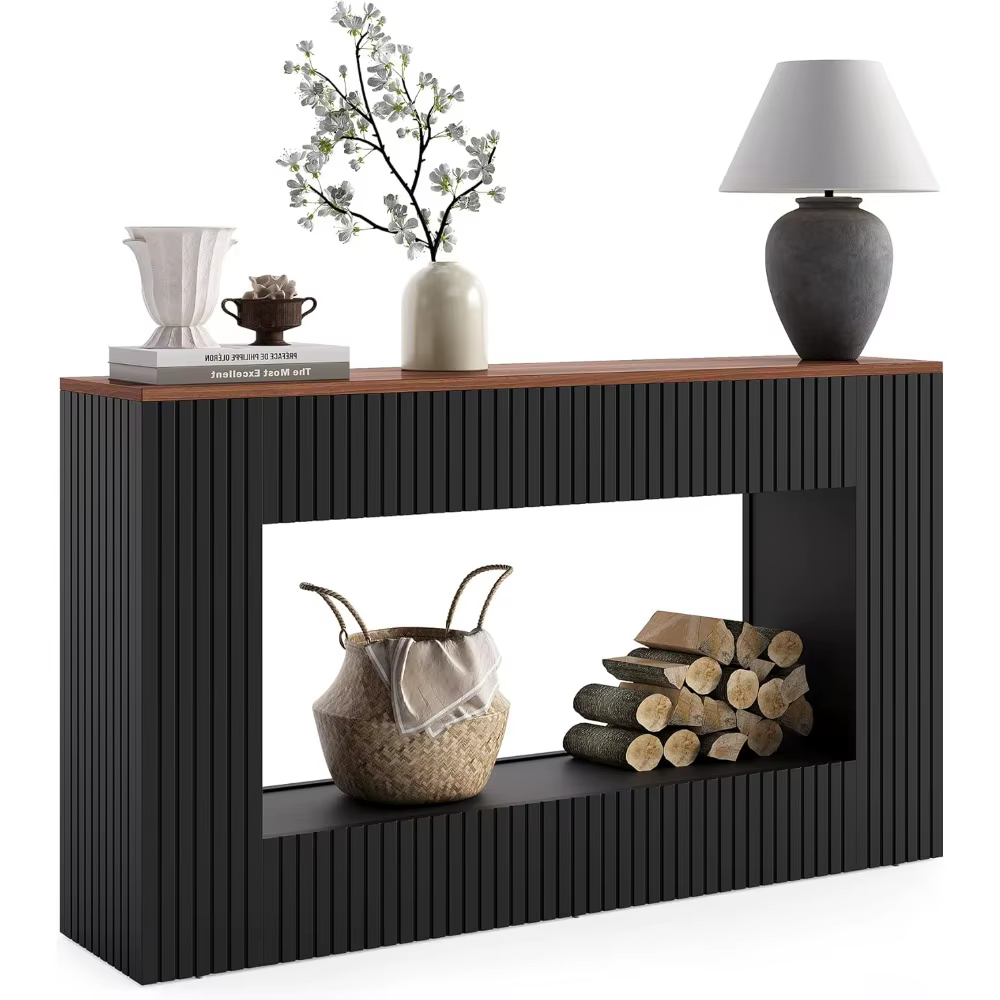 Table console noire pour entrée, table de canapé de ferme longue et étroite de 55 pouces avec rangem