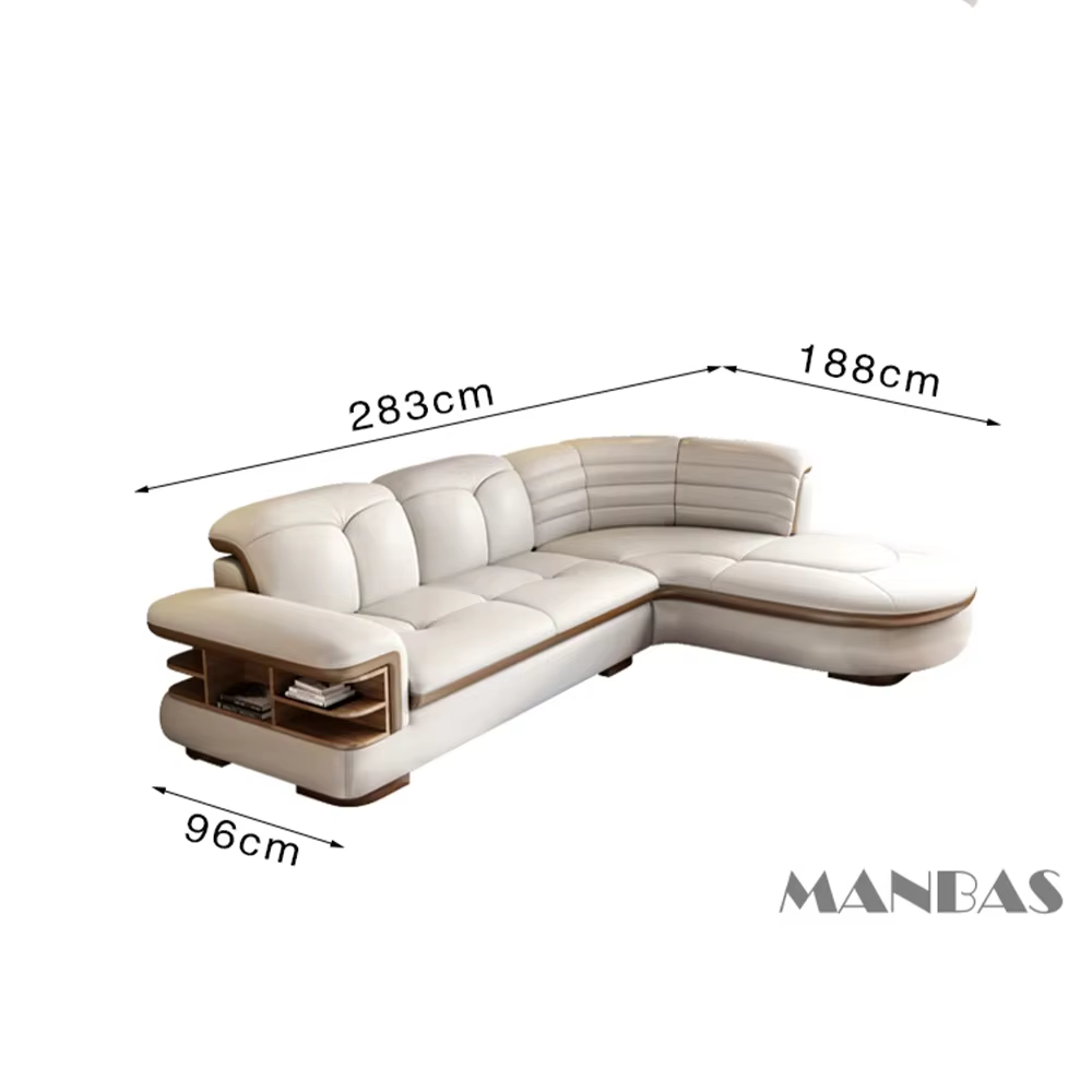 Canapés sectionnels en cuir véritable de luxe MANBAS en forme de L avec USB, haut-parleur Bluetooth 