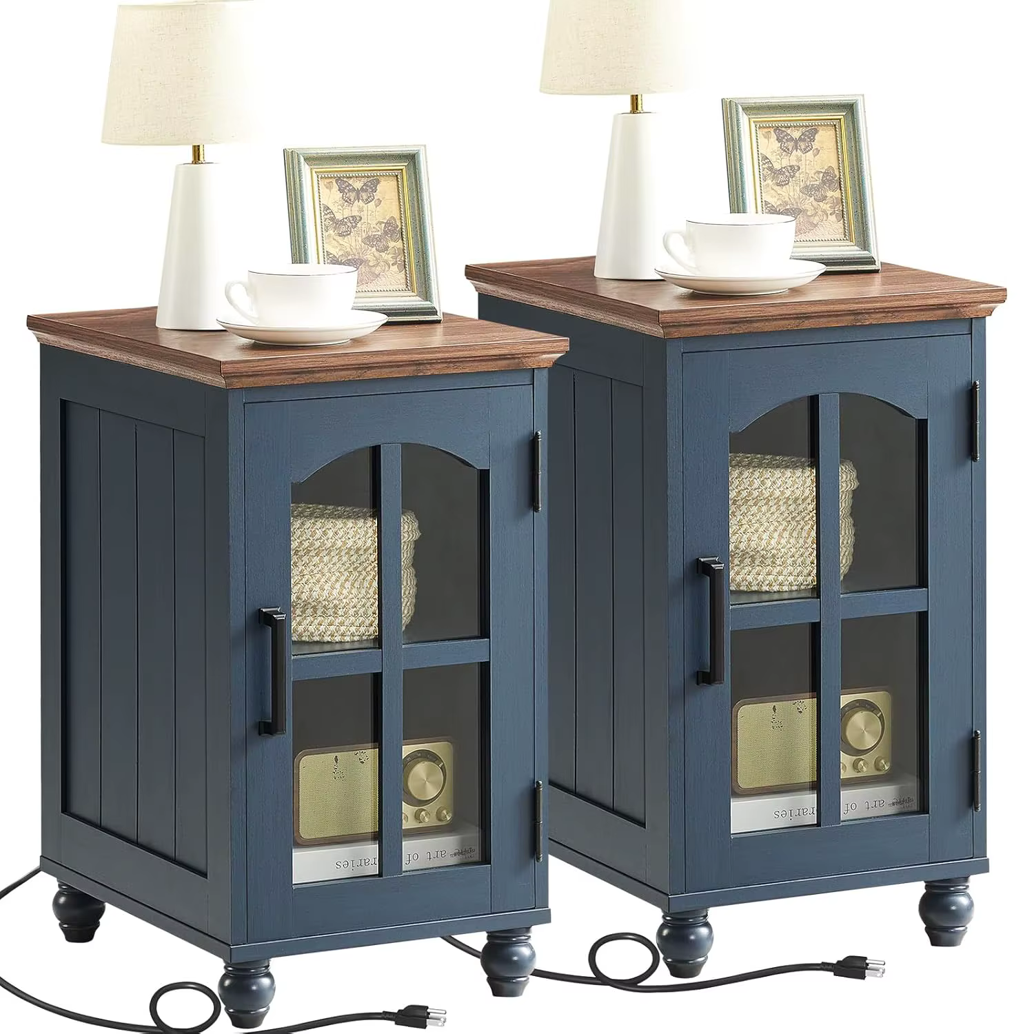 Ensemble de 2 tables d'appoint étroites, table de chevet style farmhouse avec station de charge, tab