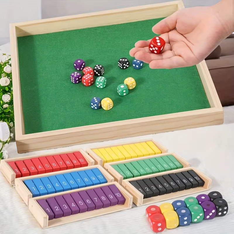 Jeu de dés en bois pour 2 à 6 joueurs avec plateau portable, doté de 12 dés colorés, idéal pour le d