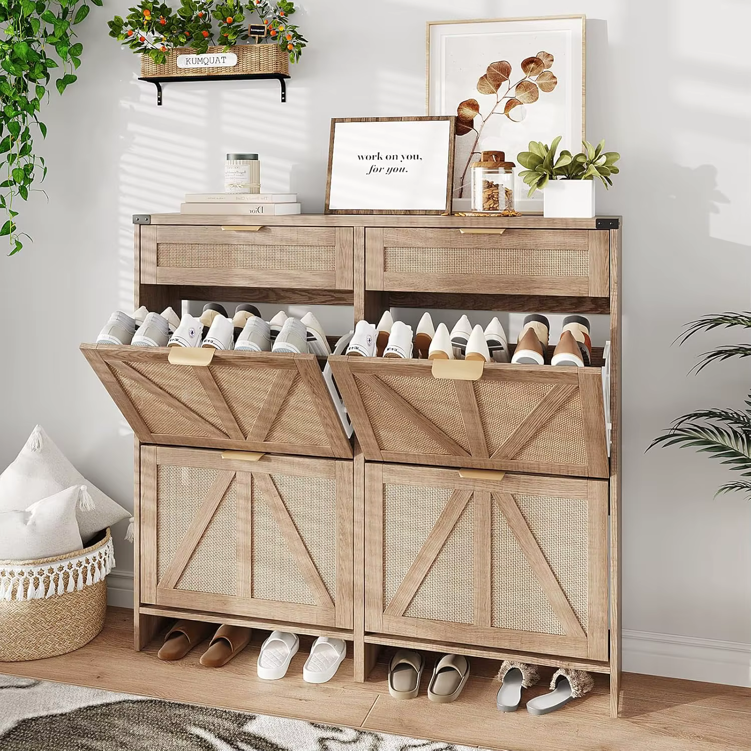 Meuble à chaussures avec 4 tiroirs basculants et 2 tiroirs, meuble de rangement à chaussures de styl