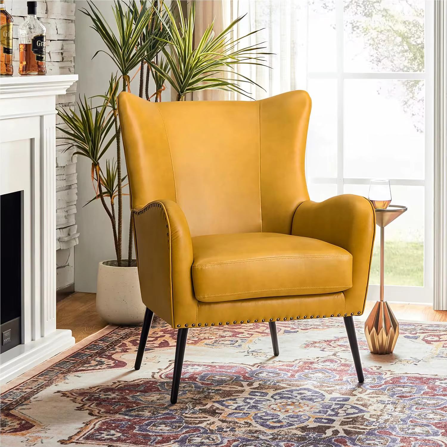 Fauteuil d'appoint en similicuir avec coussin amovible, fauteuil rembourré confortable avec pieds en