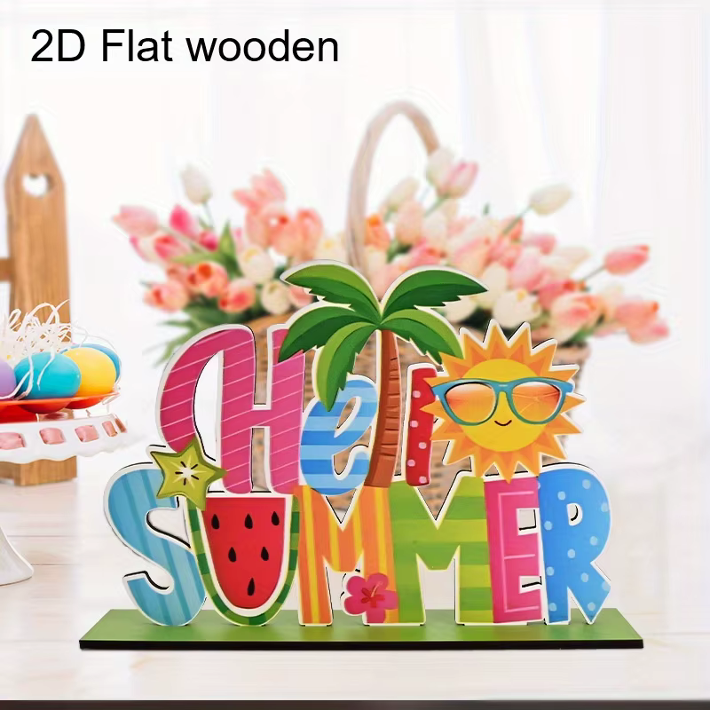 Décoration de bureau en bois « Bonjour l'été » – Thème coco multicolore 2D, palmiers, soleil et past